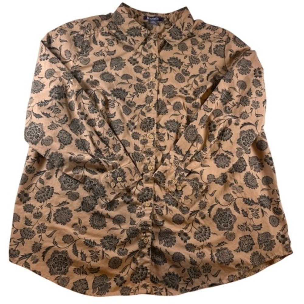 Roaman's Women's Tan Black Floral Print Long Sleeve Button Up Blouse 22W